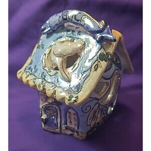 2002 Blue Sky Clayworks Peace Candle Tea Light Holder House W/Base